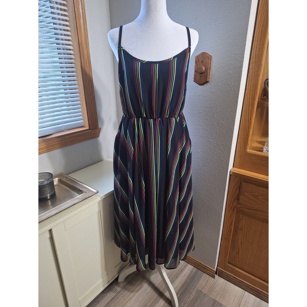 Torrid Midi Chiffon Pleated Dress Black Rainbow Stripe Size 0 large